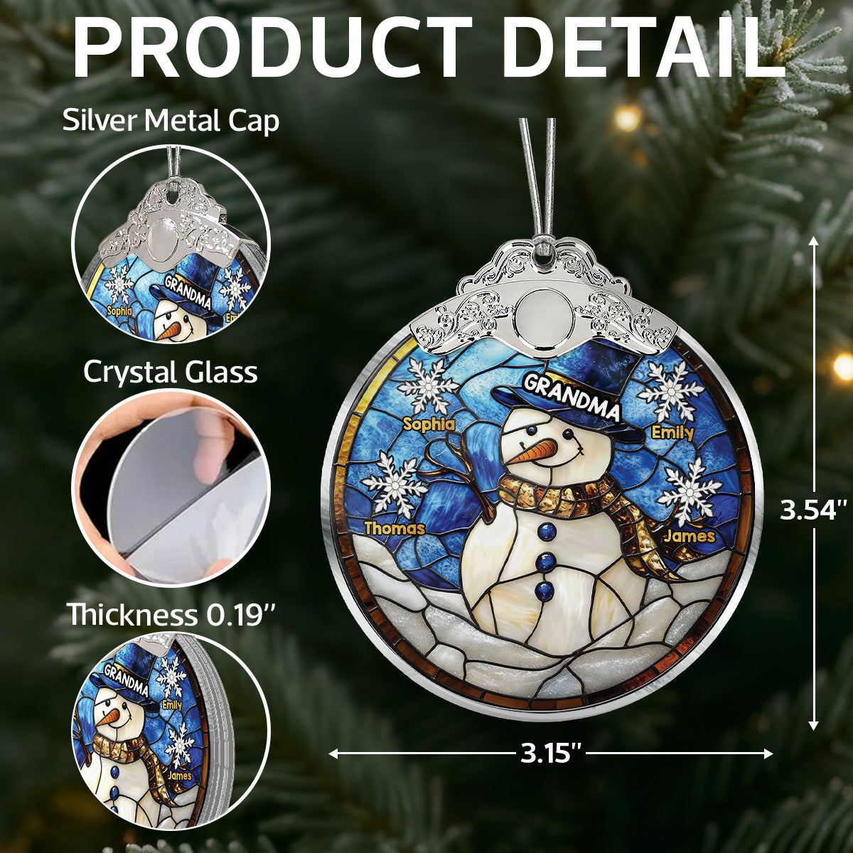 3D Stained Glass Effect Grandma Snowman Custom Grandkids Names - Personalized Glass Ornament With Silver Cap