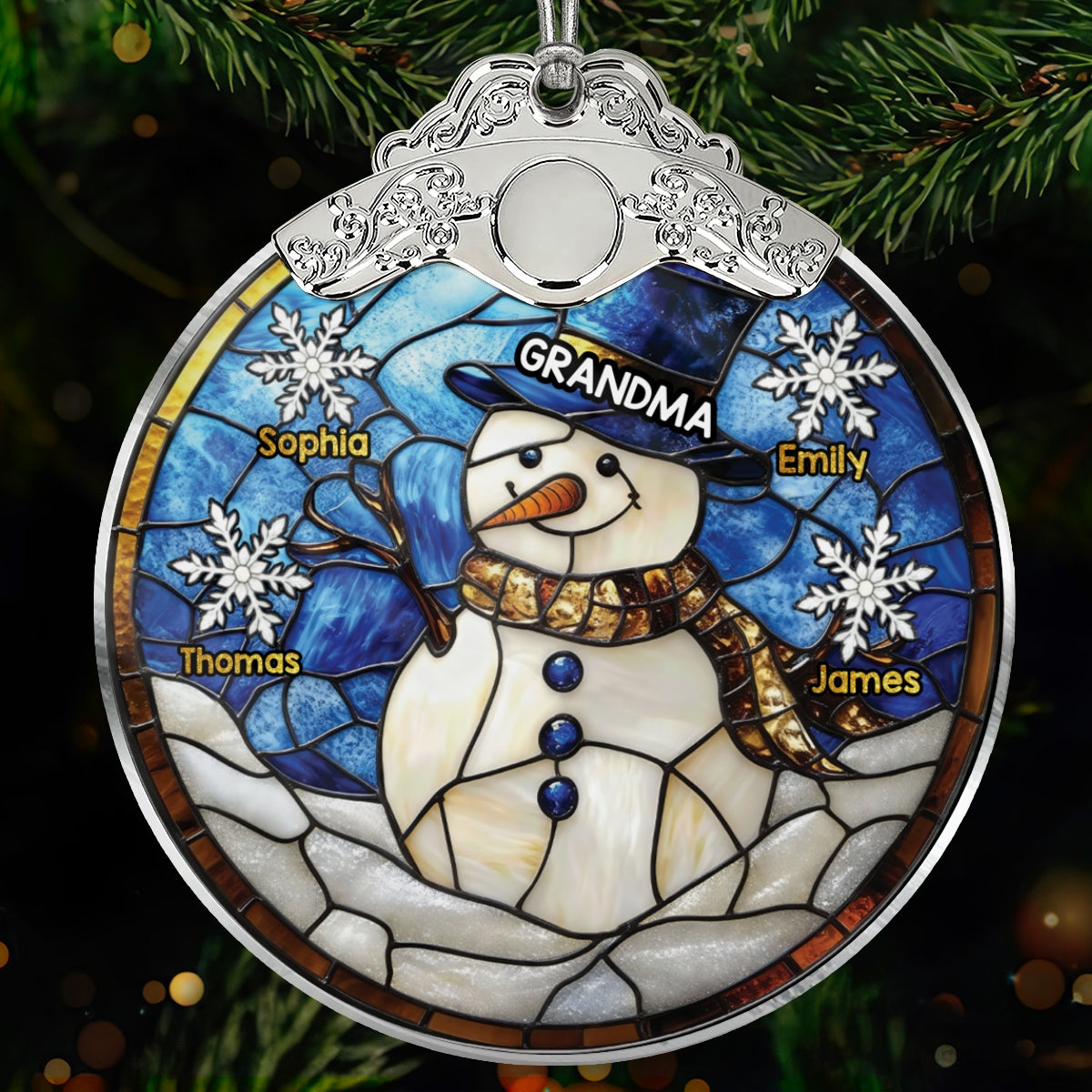 3D Stained Glass Effect Grandma Snowman Custom Grandkids Names - Personalized Glass Ornament With Silver Cap