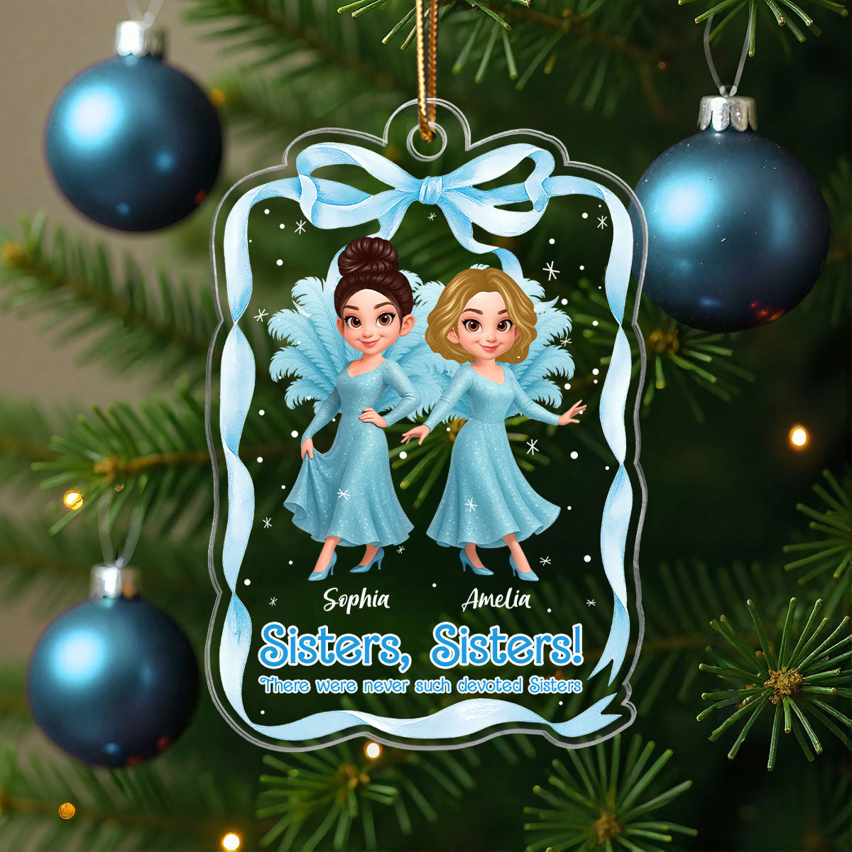 Cute Cartoon Sisters Besties Blue Dress Coquette Ribbon - Personalized Acrylic Ornament