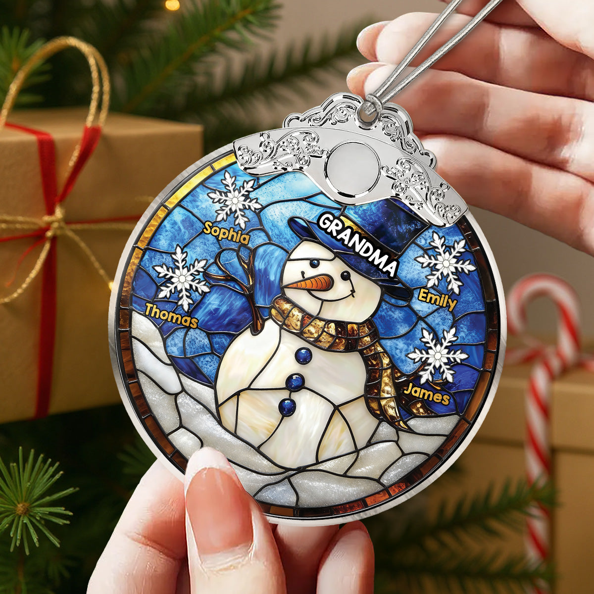 3D Stained Glass Effect Grandma Snowman Custom Grandkids Names - Personalized Glass Ornament With Silver Cap