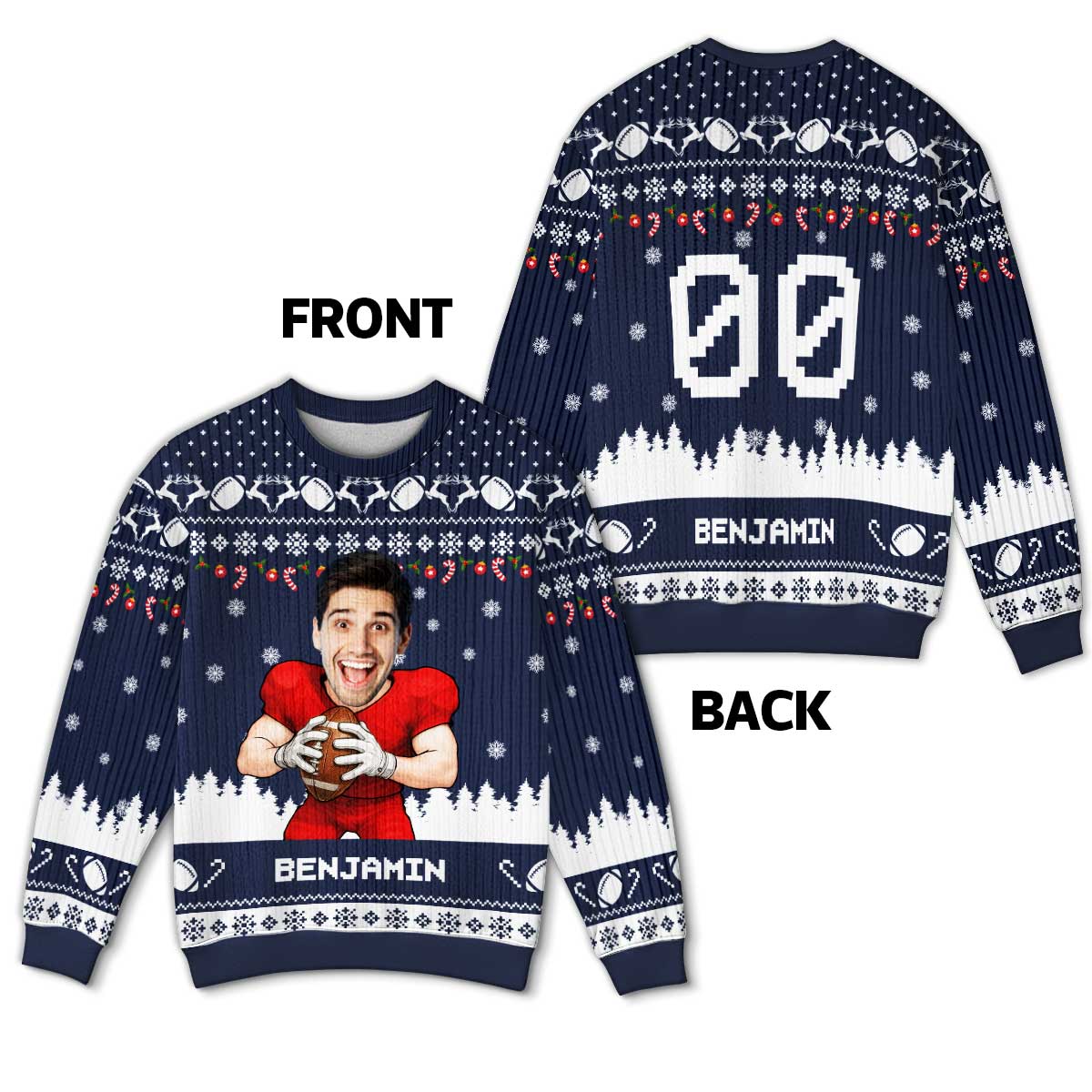 American Football Player Custom Face Photo Personalized Faux Knitting Christmas Ugly Sweater