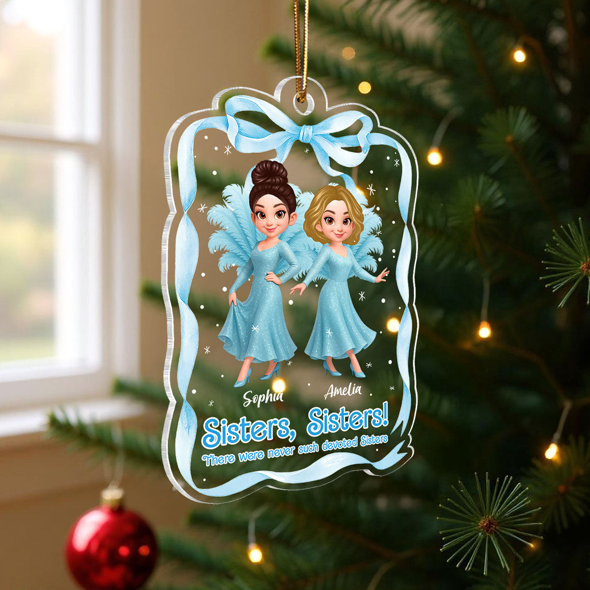 Cute Cartoon Sisters Besties Blue Dress Coquette Ribbon - Personalized Acrylic Ornament
