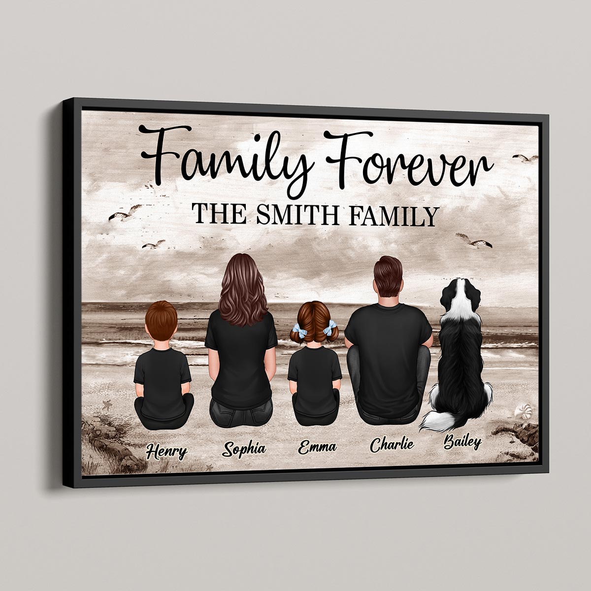 Illustration of a family and their dog sitting together, viewed from behind, with names 'Henry, Sophia, Emma, Charlie, Bailey.'