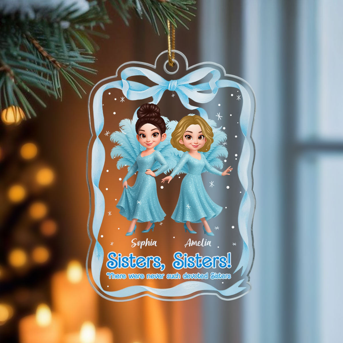 Cute Cartoon Sisters Besties Blue Dress Coquette Ribbon - Personalized Acrylic Ornament
