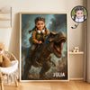 Personalized Child Riding T-Rex Jurassic Dinosaur Art, Custom Portrait From Photo Personalized Poster, Dinosaur Birthday Party, Christmas Gifts for Kids and Grandkids