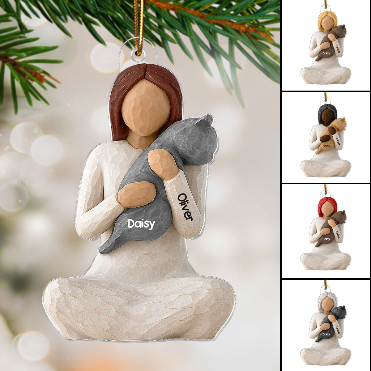 3D Effect Woman Hugging Cat - Personalized Acrylic Ornament - Christmas Gift For Cat Lovers, Cat Mom