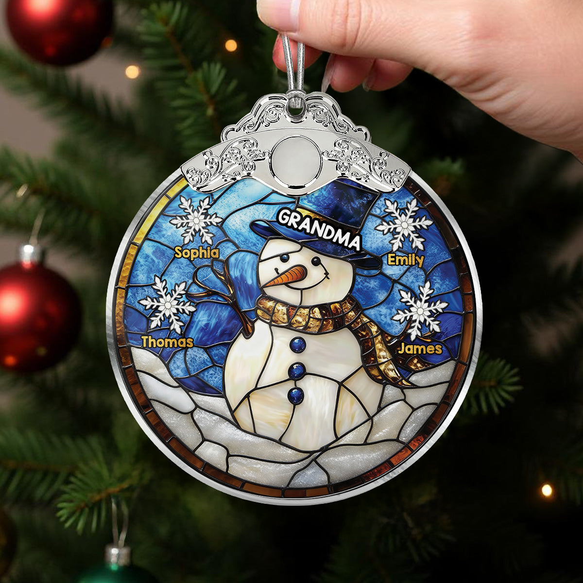 3D Stained Glass Effect Grandma Snowman Custom Grandkids Names - Personalized Glass Ornament With Silver Cap