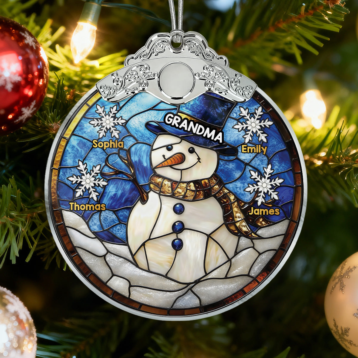 3D Stained Glass Effect Grandma Snowman Custom Grandkids Names - Personalized Glass Ornament With Silver Cap