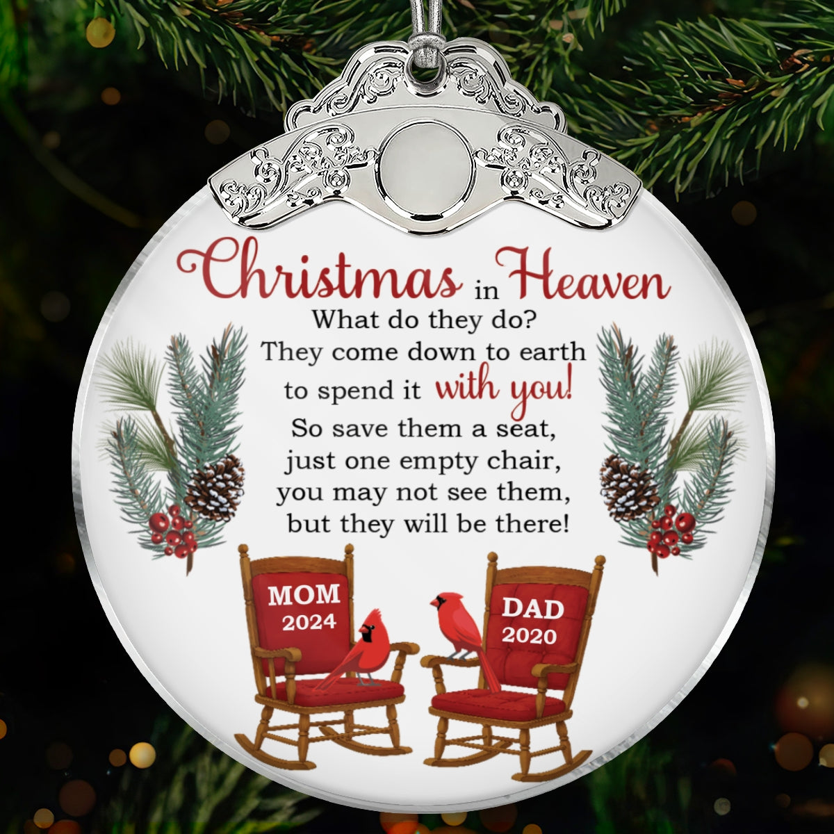 Christmas In Heaven Save A Seat - Personalized Glass Ornament With Silver Cap - Christmas Memorial Keepsake For Family