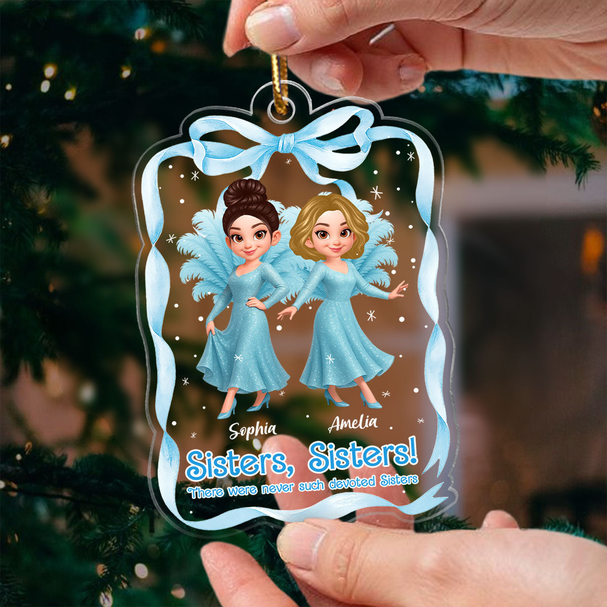 Cute Cartoon Sisters Besties Blue Dress Coquette Ribbon - Personalized Acrylic Ornament