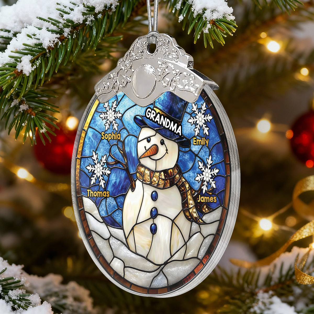 3D Stained Glass Effect Grandma Snowman Custom Grandkids Names - Personalized Glass Ornament With Silver Cap