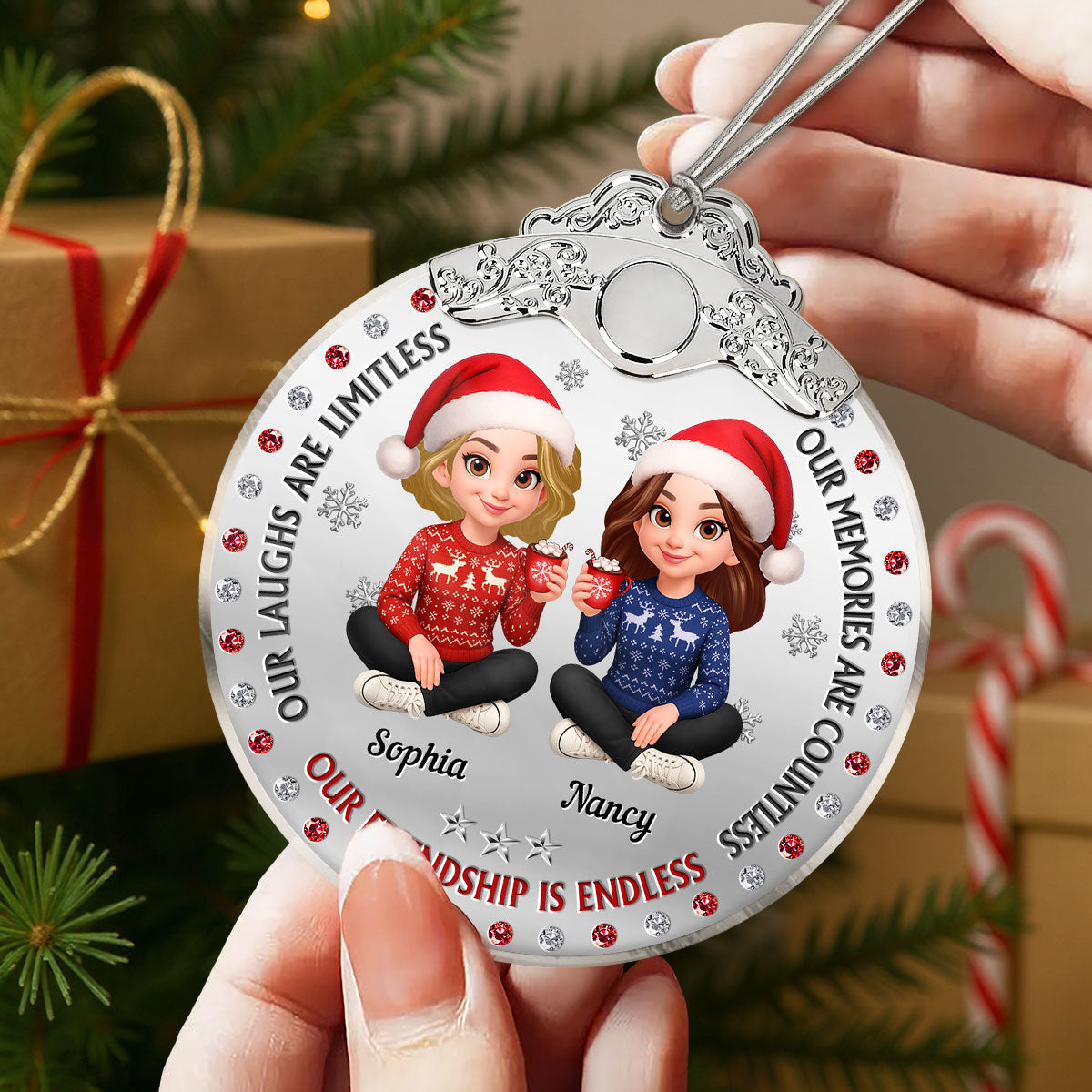 Christmas Besties Our Friendship Is Endless Metal Effect Texture - Personalized Glass Ornament With Silver Cap