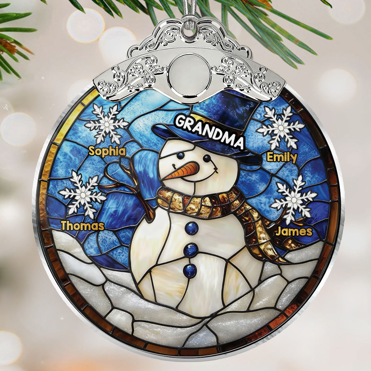 3D Stained Glass Effect Grandma Snowman Custom Grandkids Names - Personalized Glass Ornament With Silver Cap
