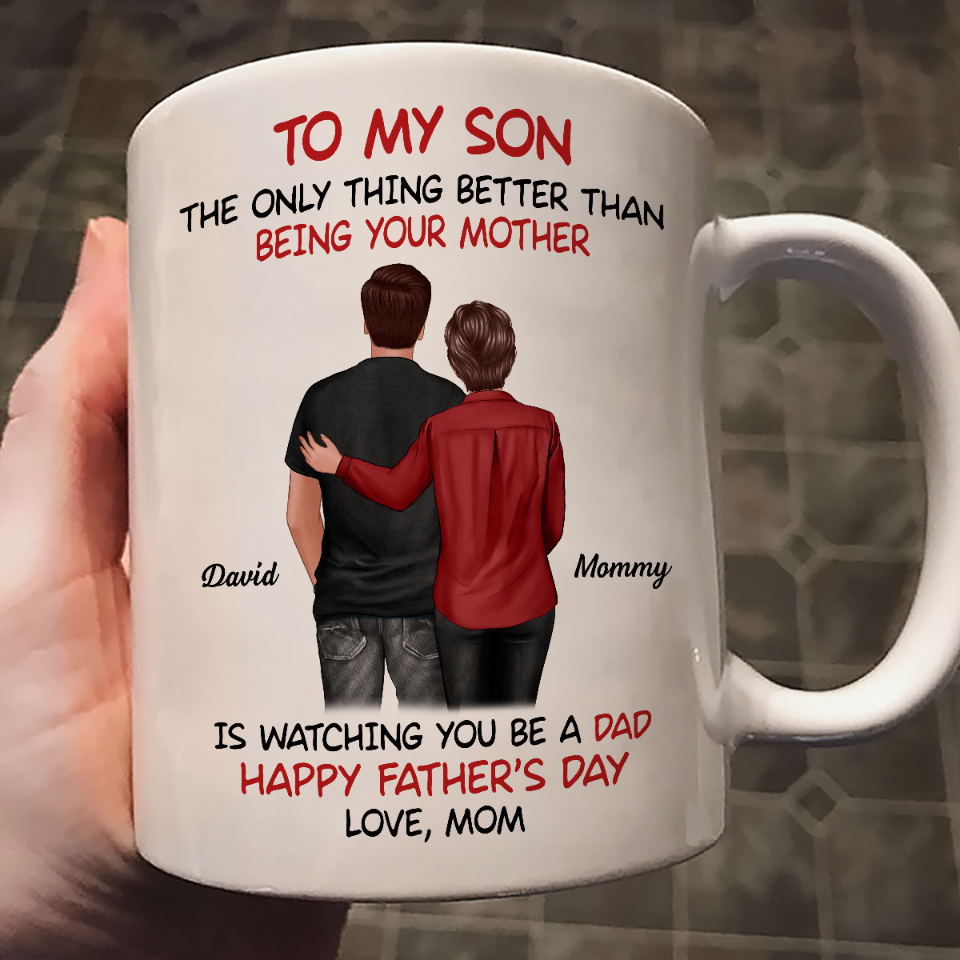 A personalized Mother's Day mug with a sentimental message and cartoon figures representing mother and daughter.