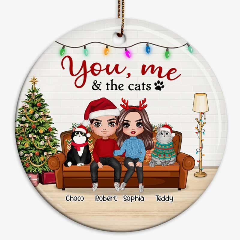 You Me & The Cats On Sofa Christmas Personalized Circle Ornament