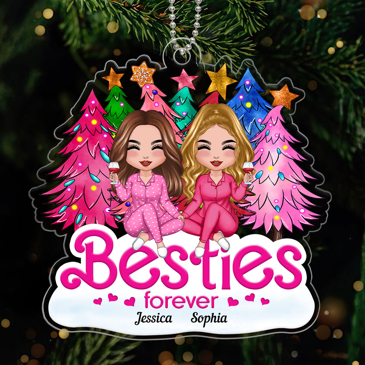 Pink Christmas Trees Doll Besties Sisters Christmas Gift For Best Friends Personalized Acrylic Ornament