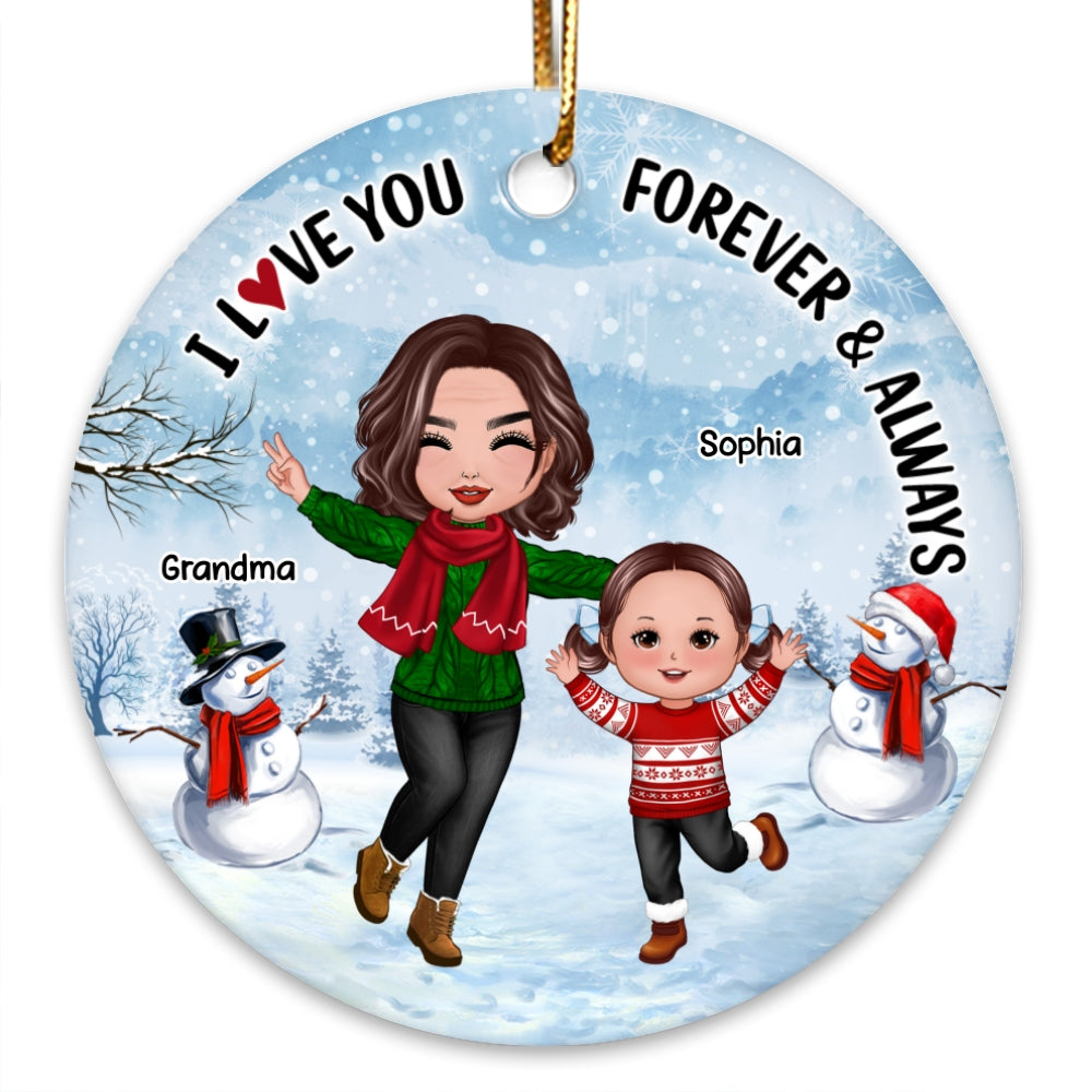Happy Doll Grandma & Grandkid In Snow Christmas Gift For Granddaughter Grandson Personalized Circle Ornament