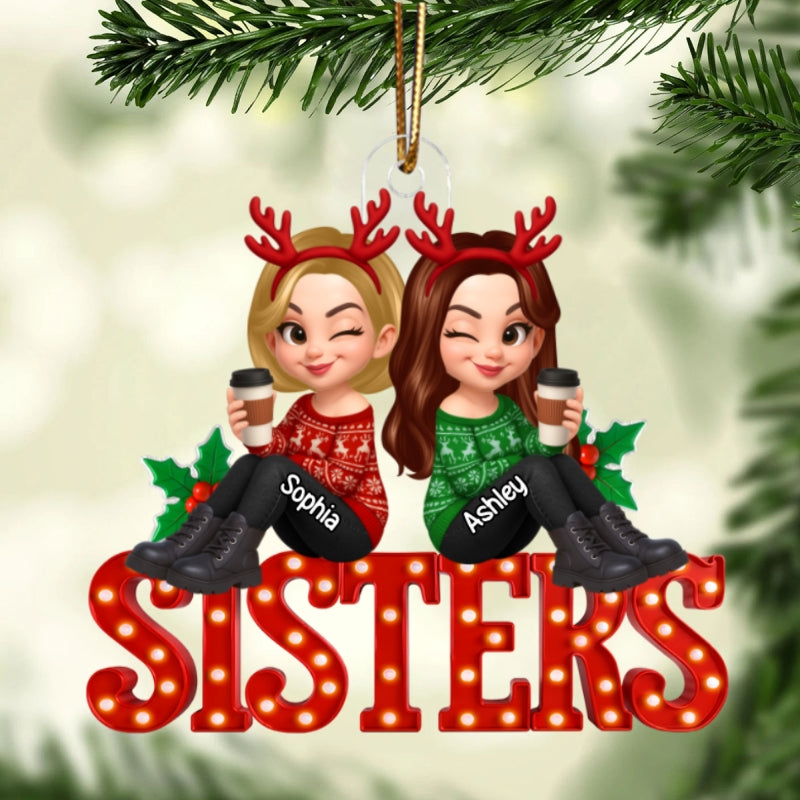Christmas Besties Sisters Sitting On Marquee LED 3D Effect Personalized Acrylic Ornament