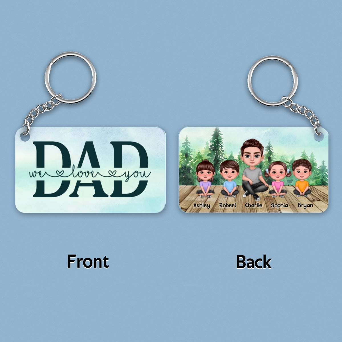 Dad Doll Sitting Man & Kids Forest Personalized Acrylic Keychain