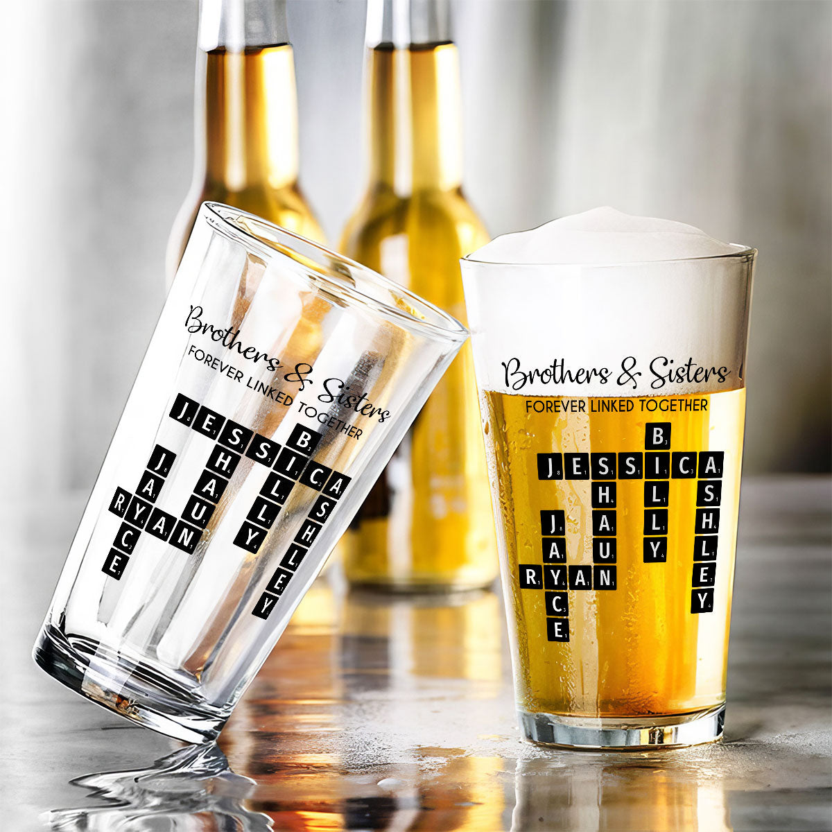 Brothers & Sisters Forever Linked Together Crossword Puzzle Art Personalized Beer Glass, Gift For Brothers, Sisters, Siblings, Family