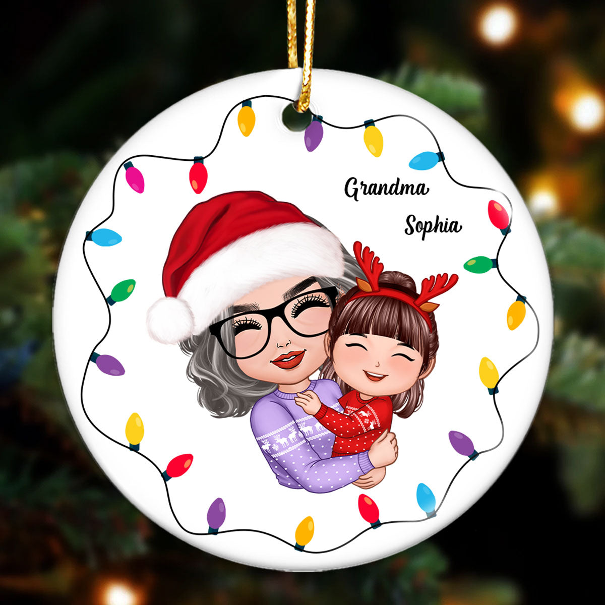 Christmas Light Strings Doll Grandma Hugging Kid Gift For Granddaughter Grandson Personalized Circle Ornament