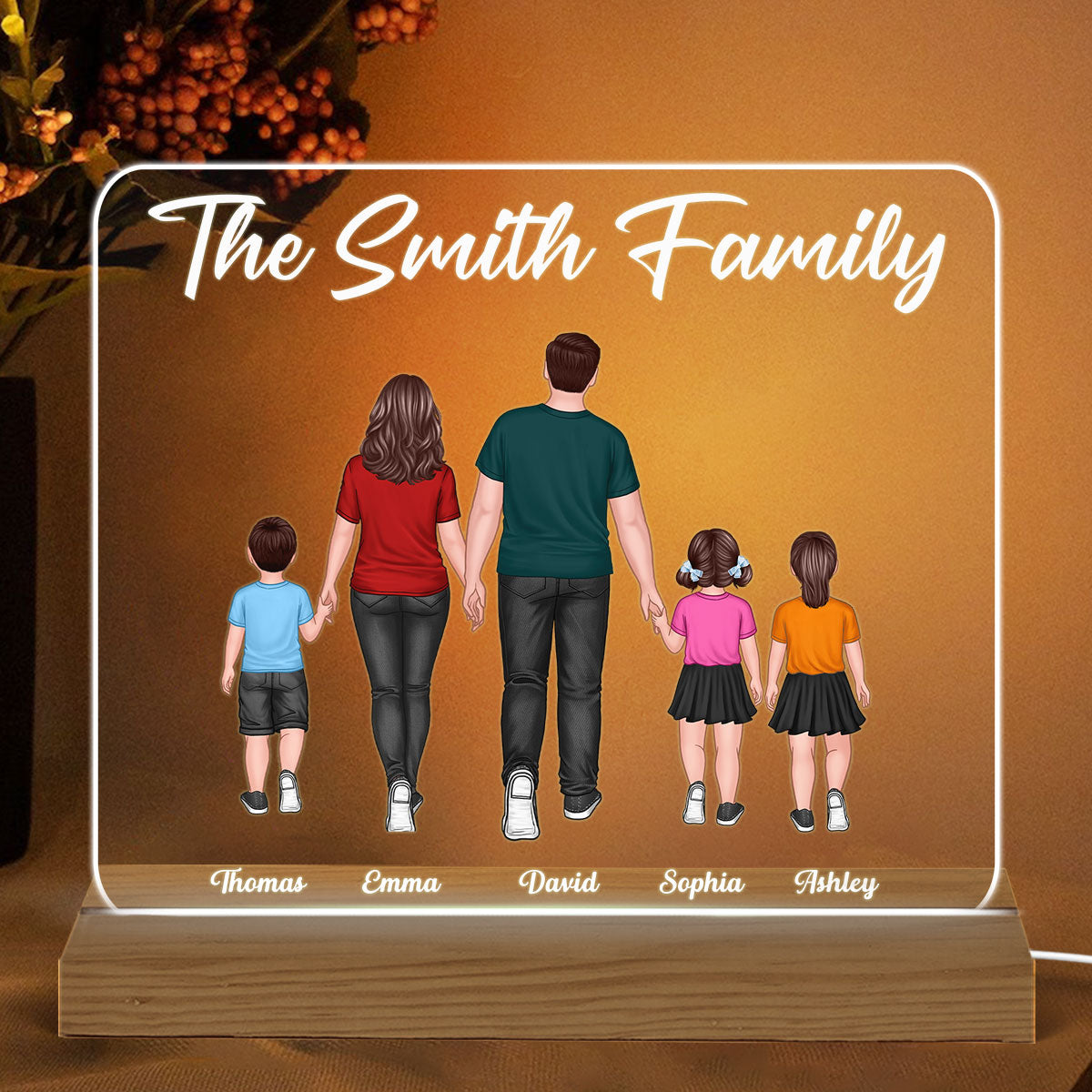 Whole Back View Family Walking Couple Dad Mom Kids Dogs Cats Personalized Custom Shape Acrylic Plaque Warm LED Night Light