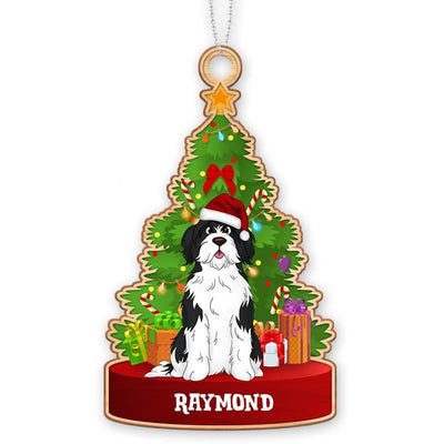 Cute Dog Sitting By Christmas Tree Personalized Wooden Ornament