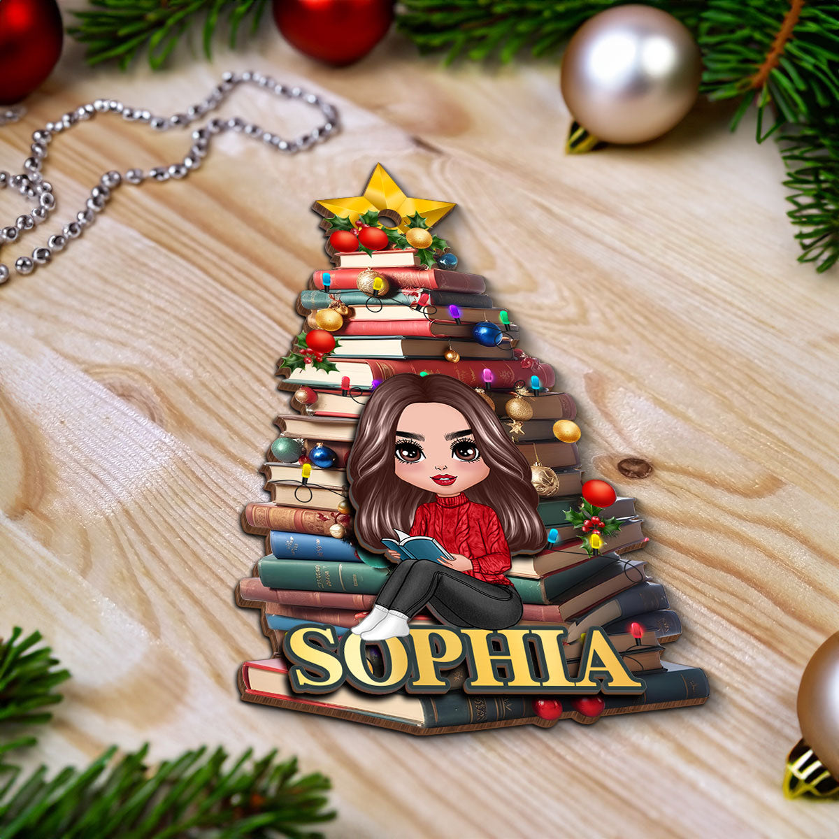 Christmas Book Tree Name Personalized 2-Layer Wooden Ornament, Book Lover Gift, Bookworm Gifts