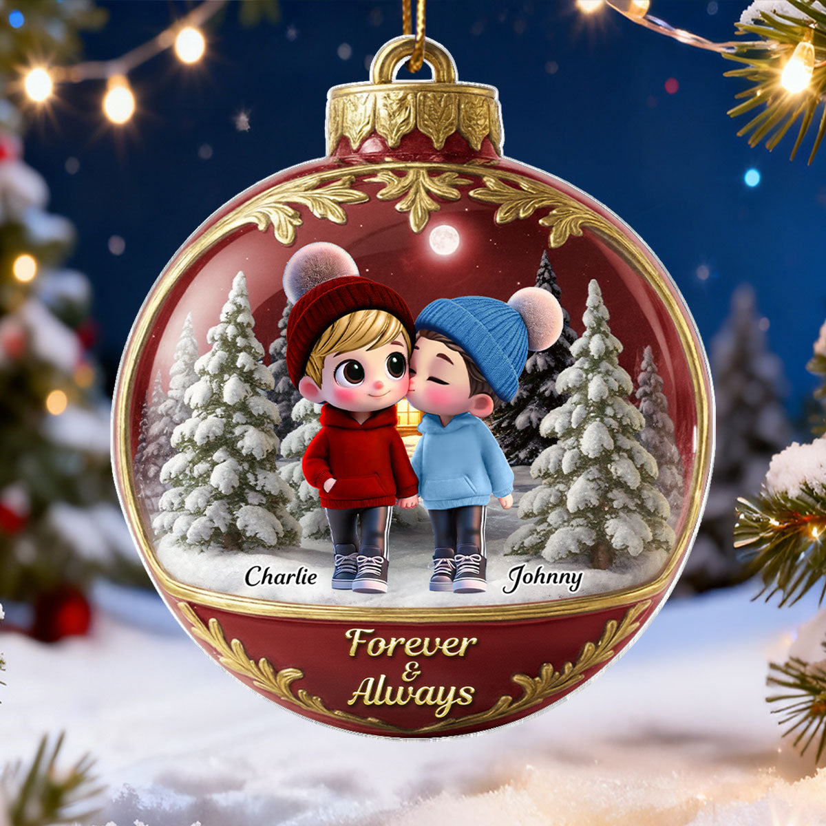 3D Effect Snow Globe Cartoon Couple Walking - Personalized Acrylic Ornament - Christmas Gift for him, Gift for her