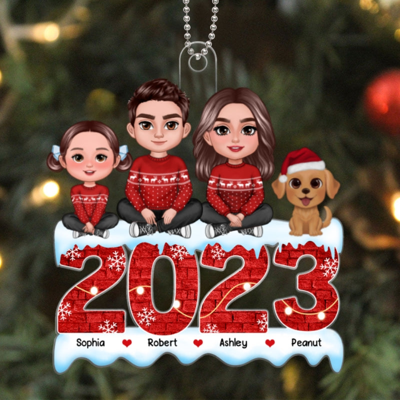 Brick Patterned 2023 Family Dad Mom Kids Dogs Cats Crossed Legs Sitting Personalized Acrylic Ornament