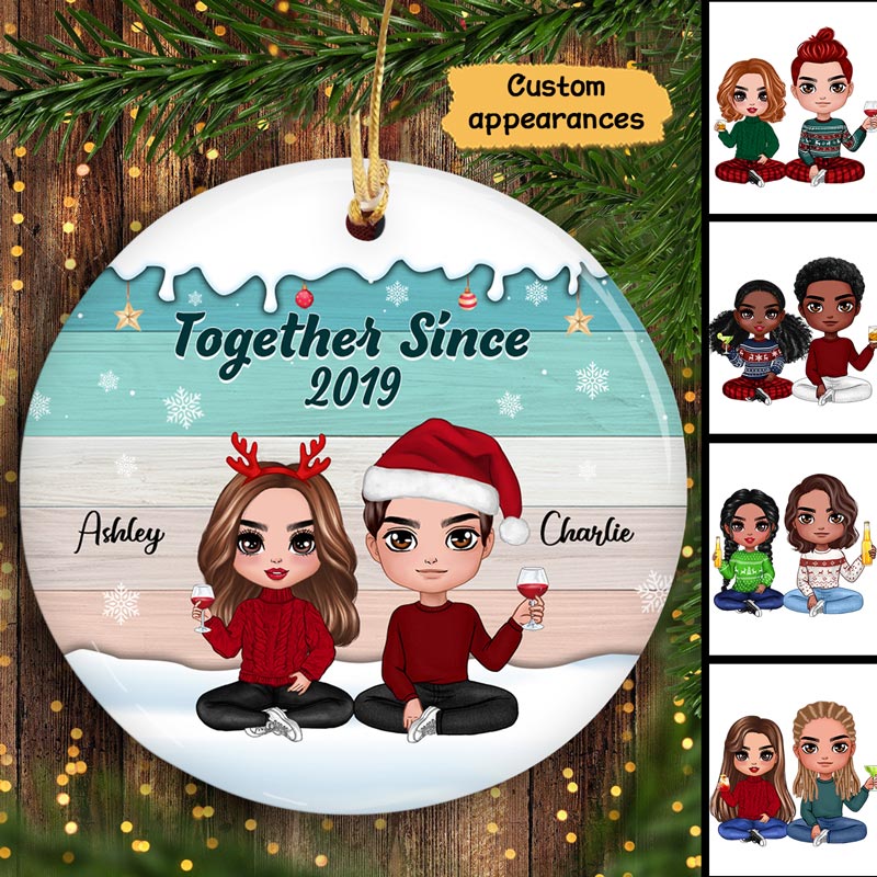 Winter Christmas Color Palette Doll Couple Together Since Personalized Circle Ornament