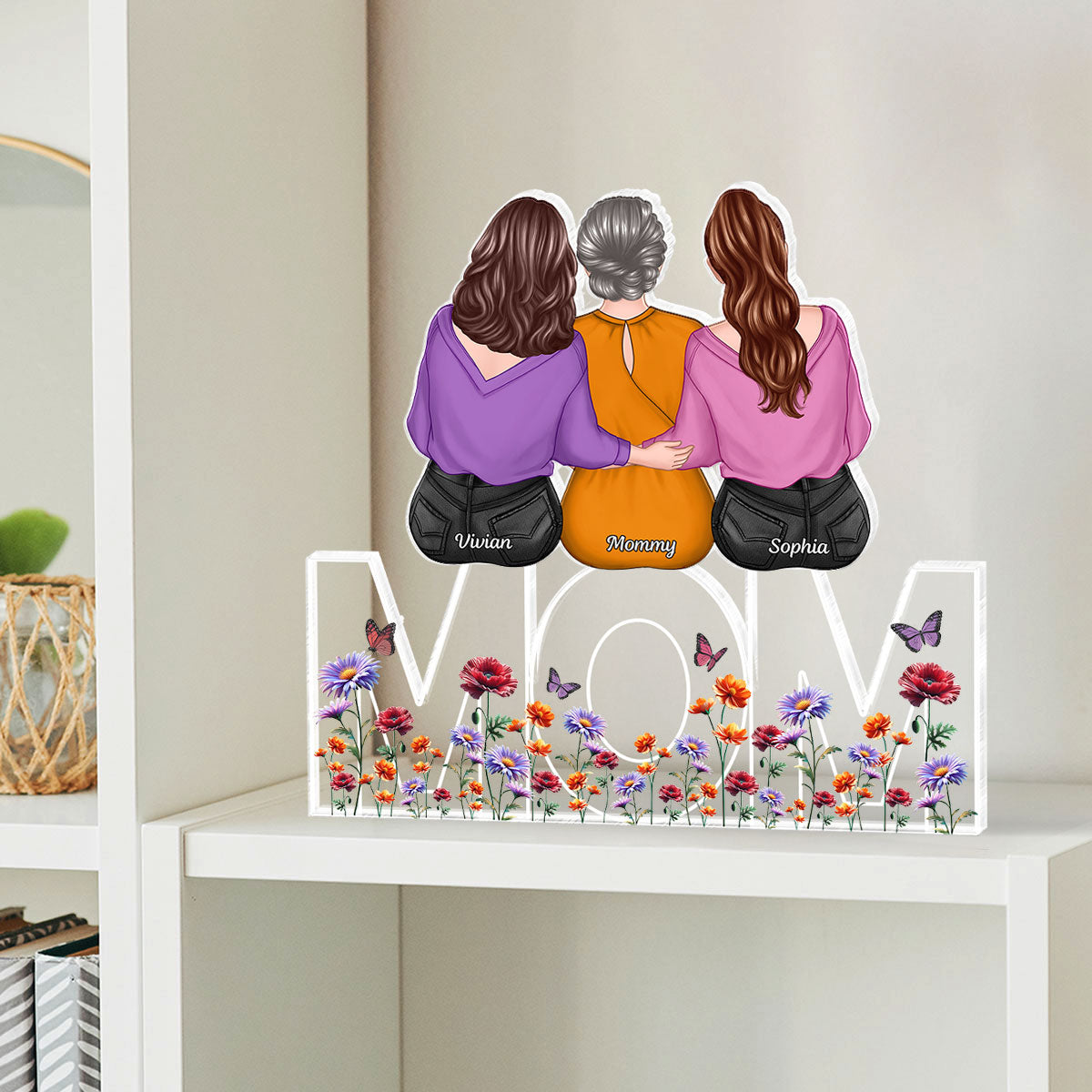 Birth Flowers Mom And Daughters Sons Sitting On Text Personalized Acrylic Block Plaque, Gift