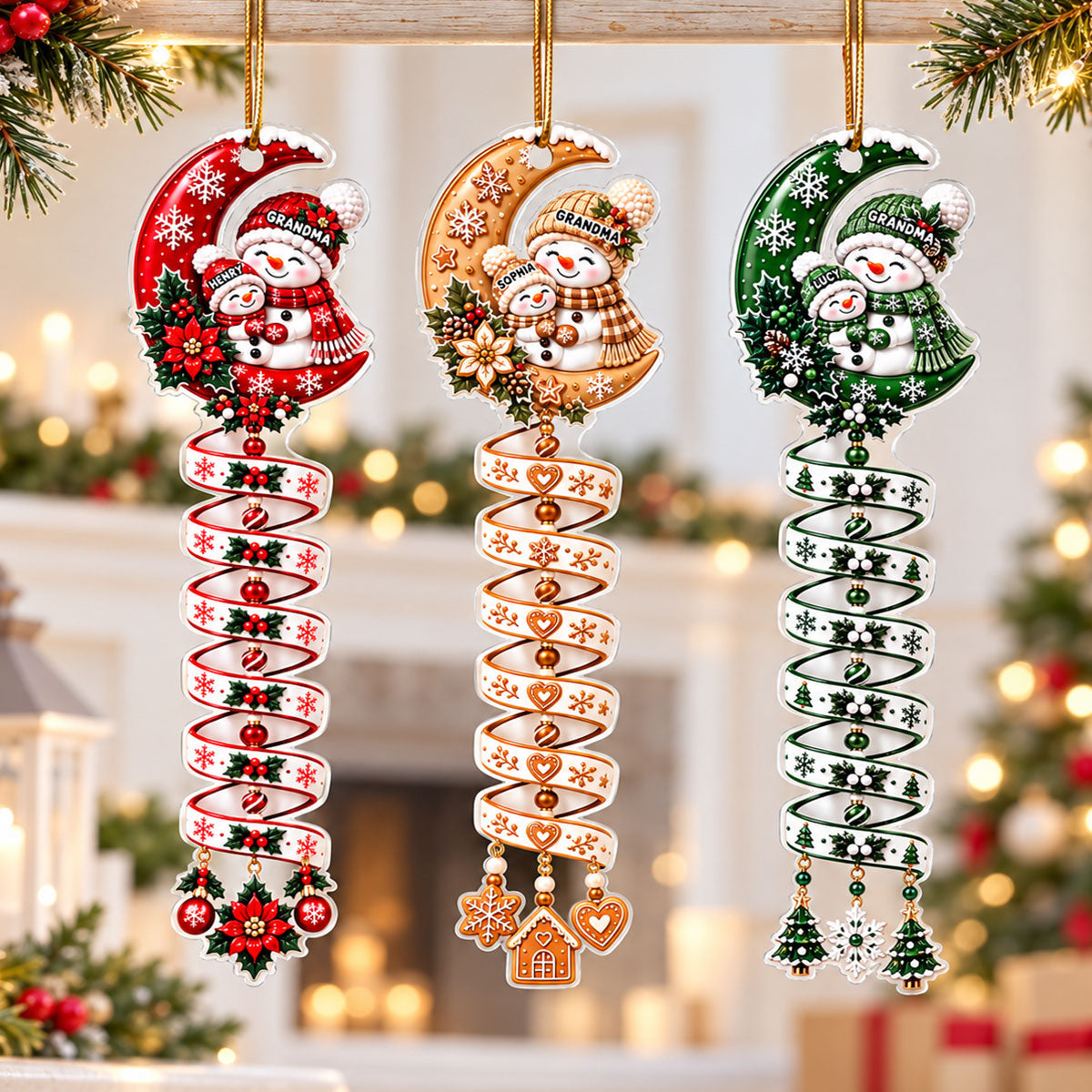Christmas Snowman Grandma Grandkid Spiral Style - Personalized Acrylic Ornament - Christmas Gift For Kids, Grandkids, Grandson, Granddaughter