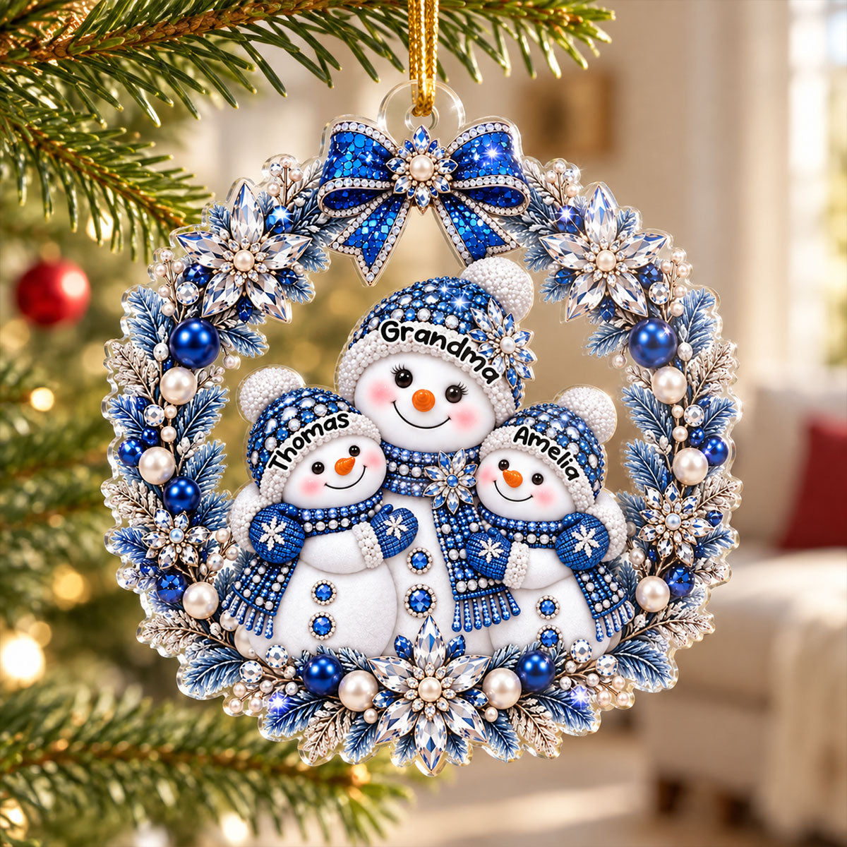 Grandma Grandkid Snowman Wreath - Personalized Acrylic Ornament - Christmas Gift for Grandma, Grandkids