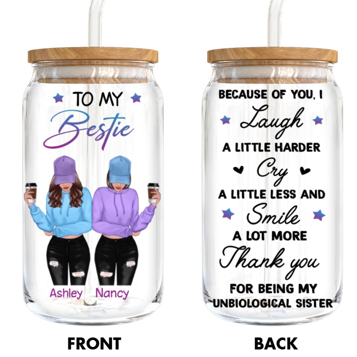 To My Bestie Front View Gift For Best Friends Personalized Clear Glass Can