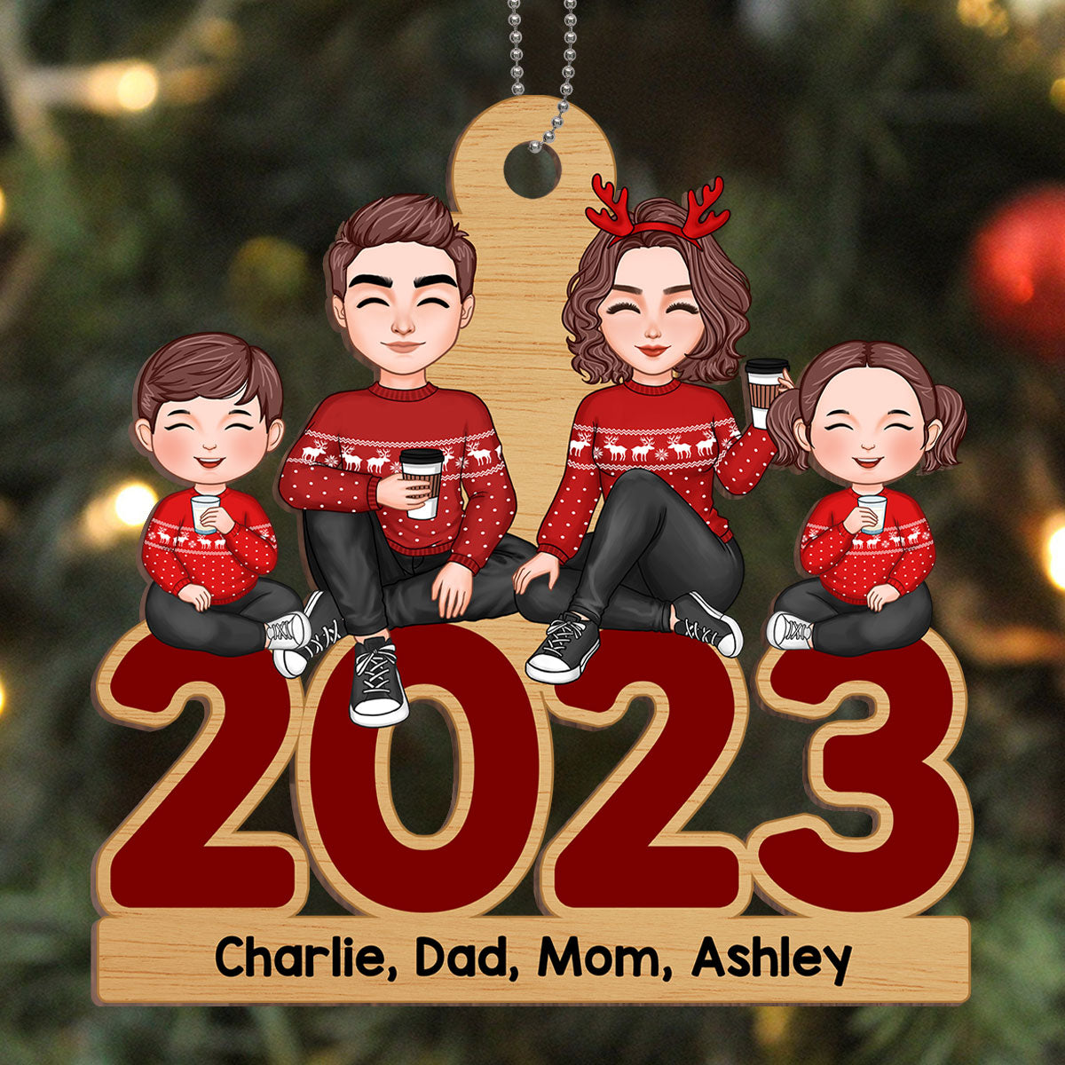 Cute Family Dad Mom Kid Dog Cat Sitting On 2023 Personalized Wooden Ornament