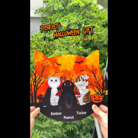 Halloween Cat Face Shaped Personalized Wooden Door Sign, Halloween Decor For Cat Moms