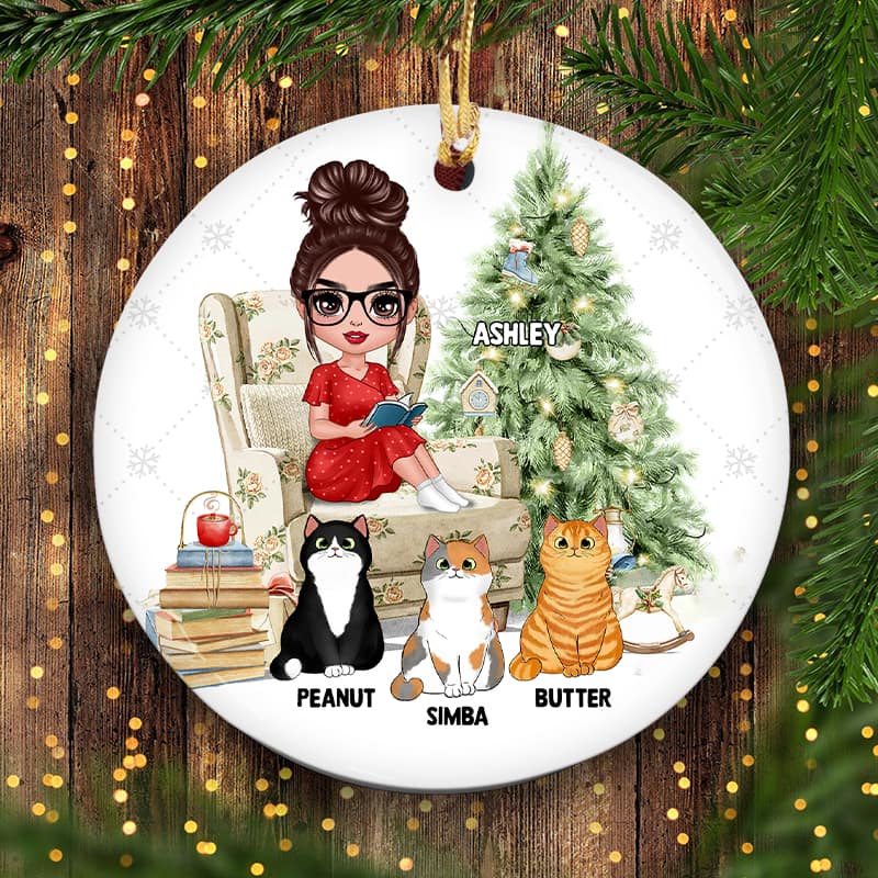 Girl Reading With Cats Christmas Personalized Circle Ornament