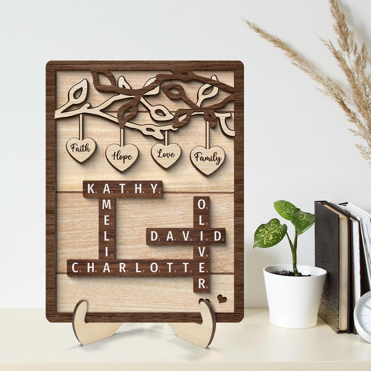 Personalized Wooden Family Tree Sign, Crossword Art Puzzle 2-Layered Wooden Plaque