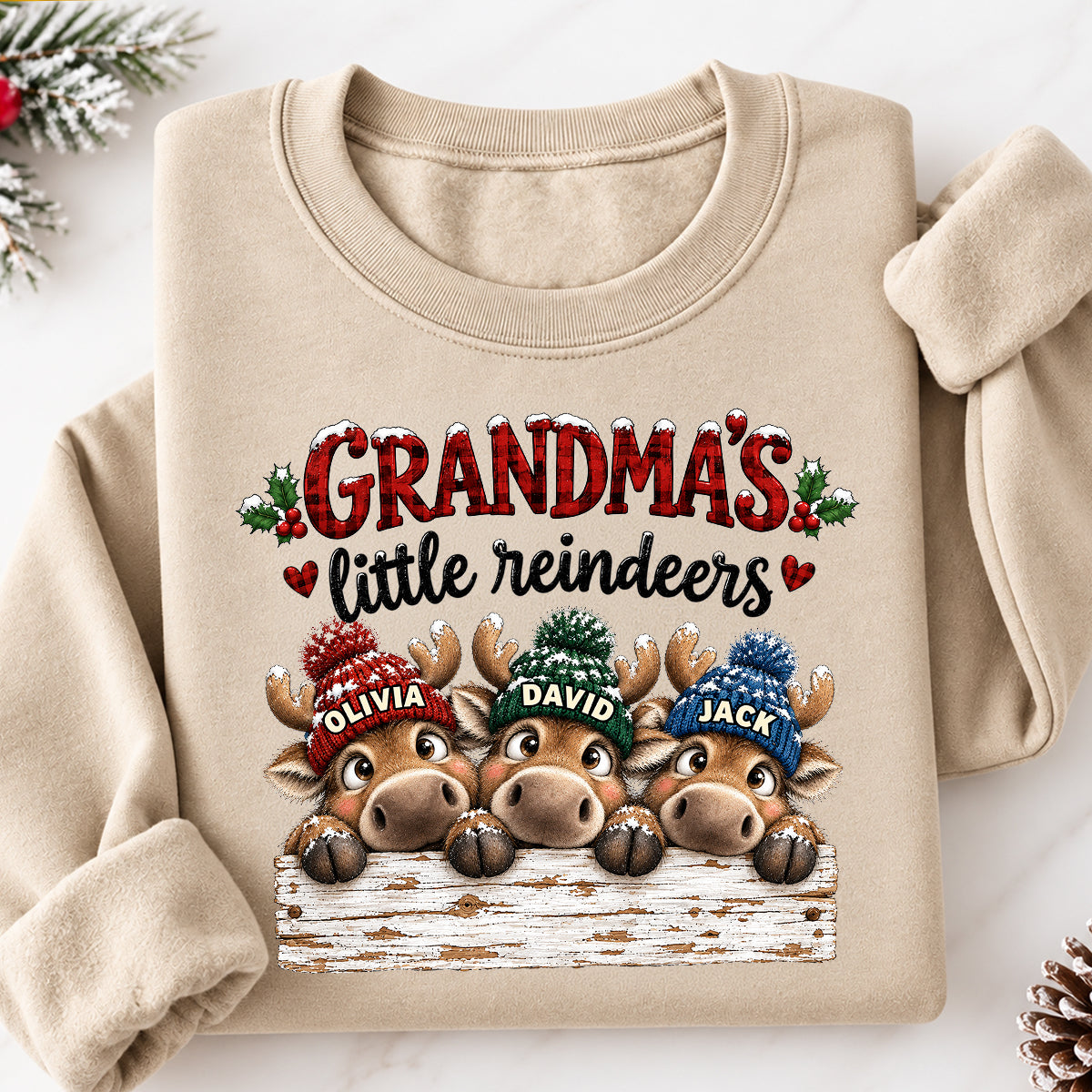 Grandma's Cute Peeking Reindeers - Personalized Shirt - Trendy Christmas Tee for Grandma, Thoughtful Christmas Gift for Mom, Wife