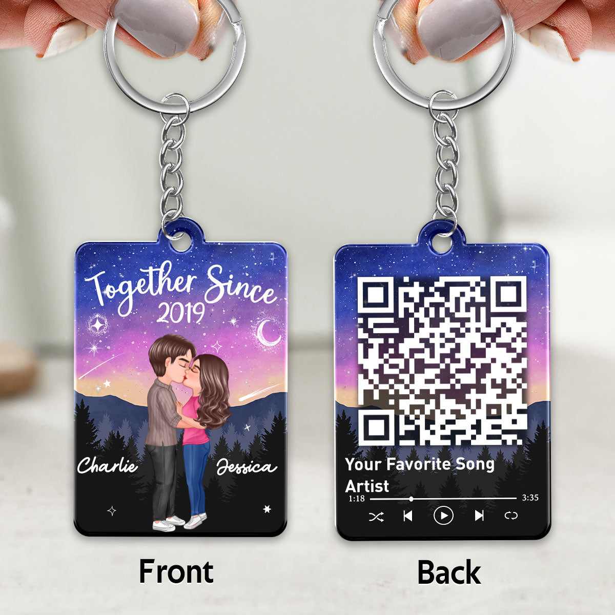 Doll Couple Kissing In Galaxy Night Favorite Song Scannable QR Code Personalized Acrylic Keychain