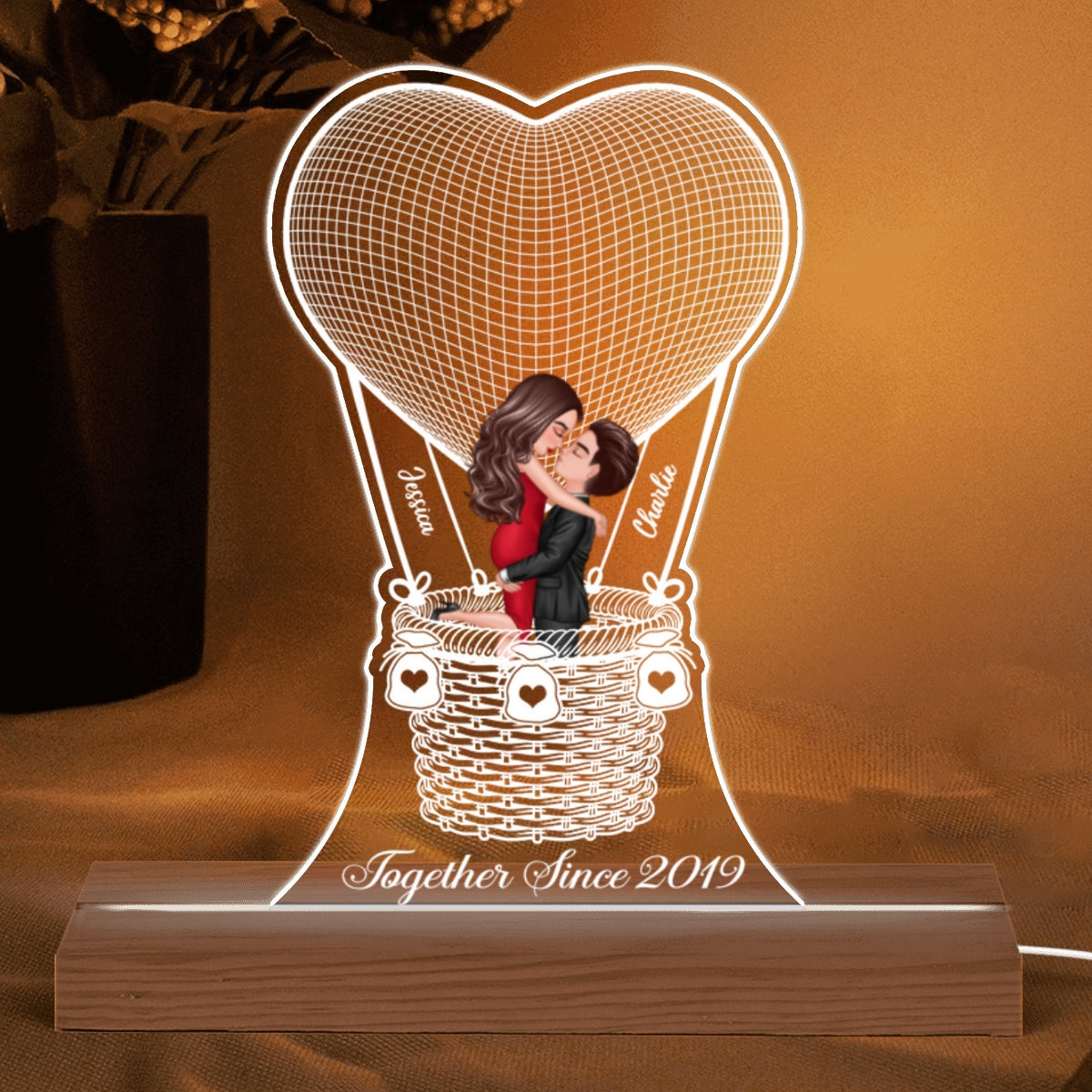 Couple Kissing In Hot Balloon Together Since Personalized Custom Shape Acrylic Plaque With LED Night Light