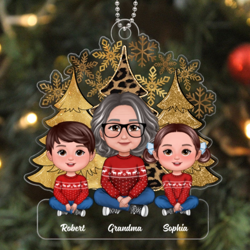 Leopard Christmas Tree Snowflakes Grandma Grandkids Crossed Legs Personalized Acrylic Ornament