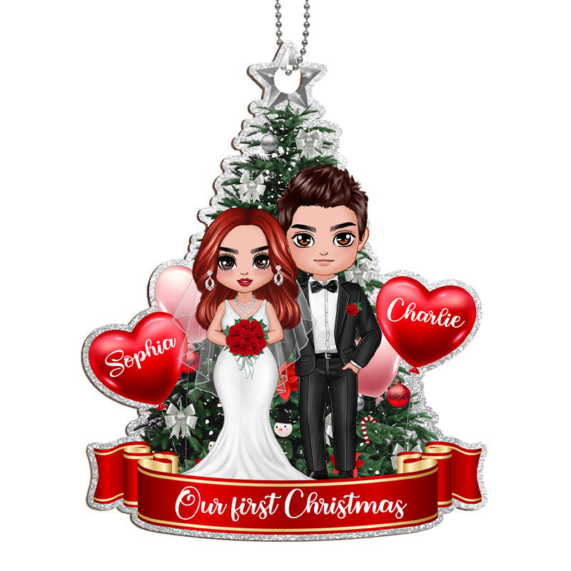 Groom And Bride At Christmas Tree Personalized Wooden Ornament