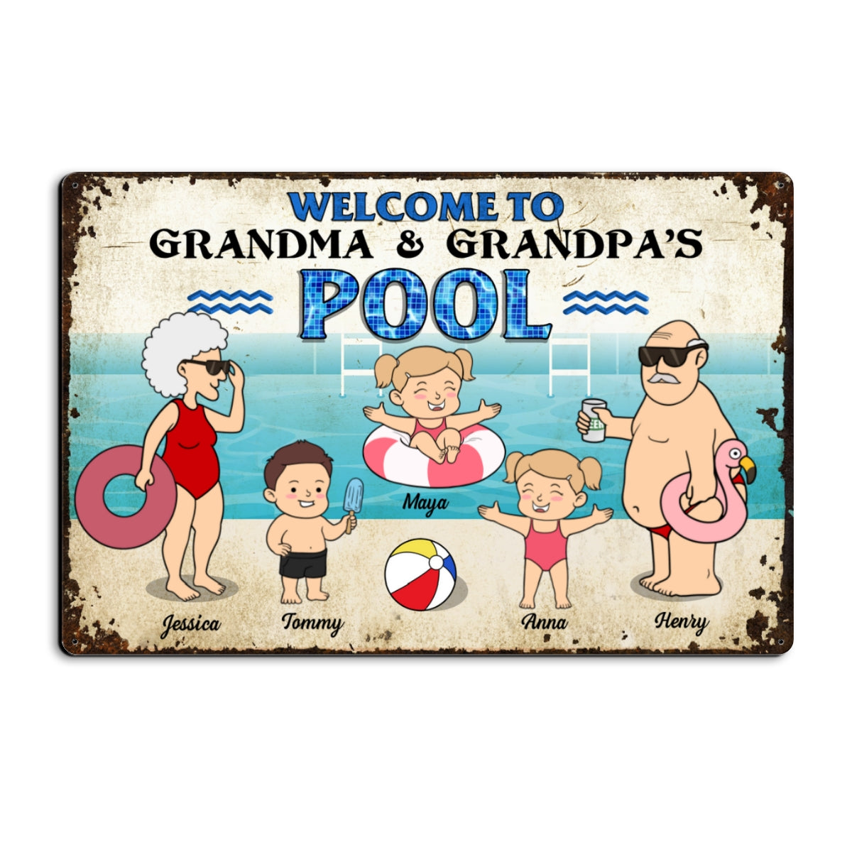 Funny Cartoon Welcome To Grandma Grandpa Pool Personalized Metal Sign