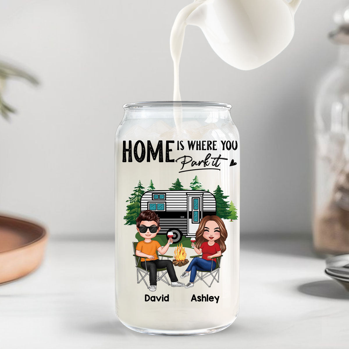 Doll Couple Camping Personalized Clear Glass Can
