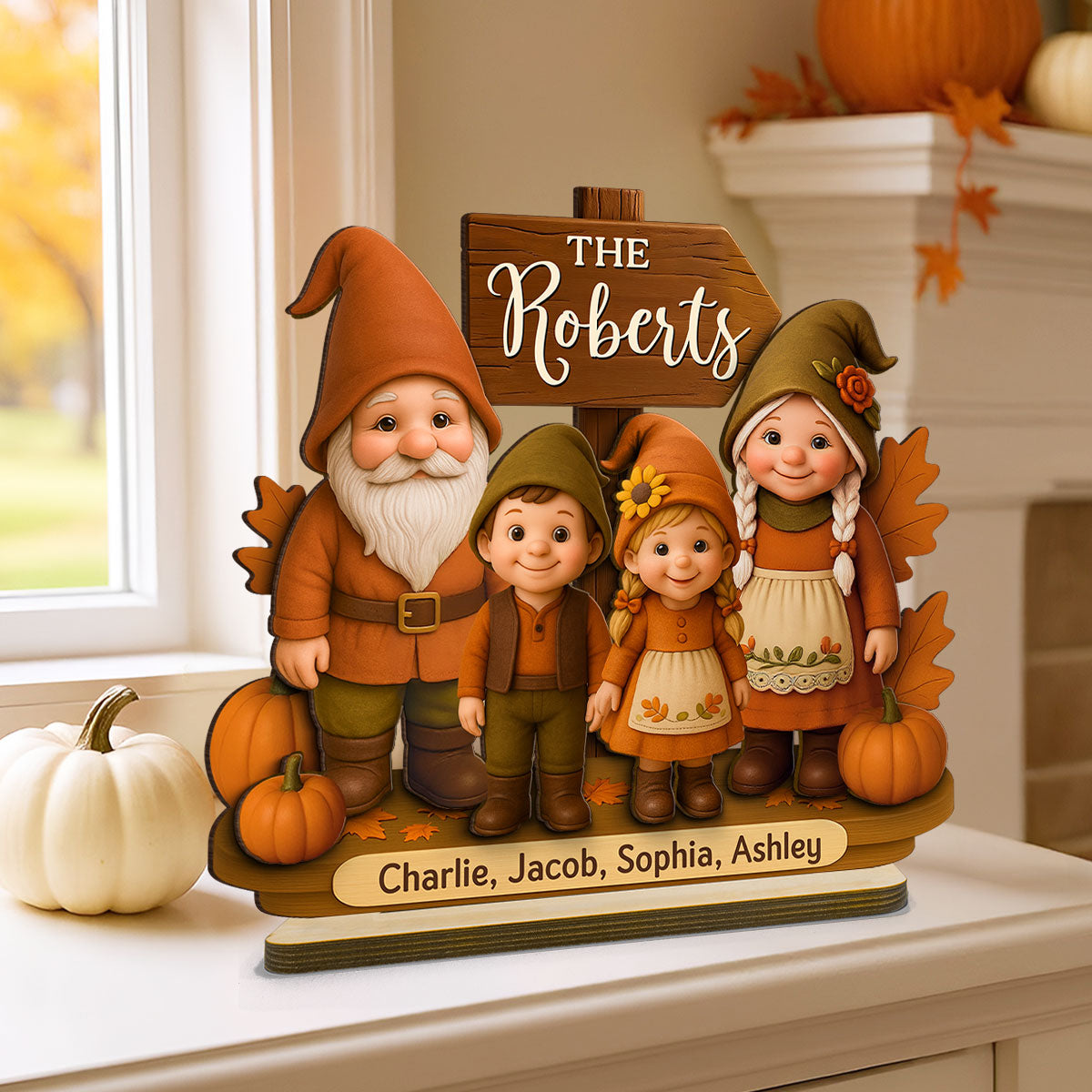 Gnome Family Fall Season Personalized 2-Layer Standing Wooden Plaque