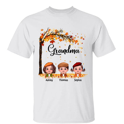 Fall Season Kids Laying On Leaves Grandma Mom Personalized Shirt