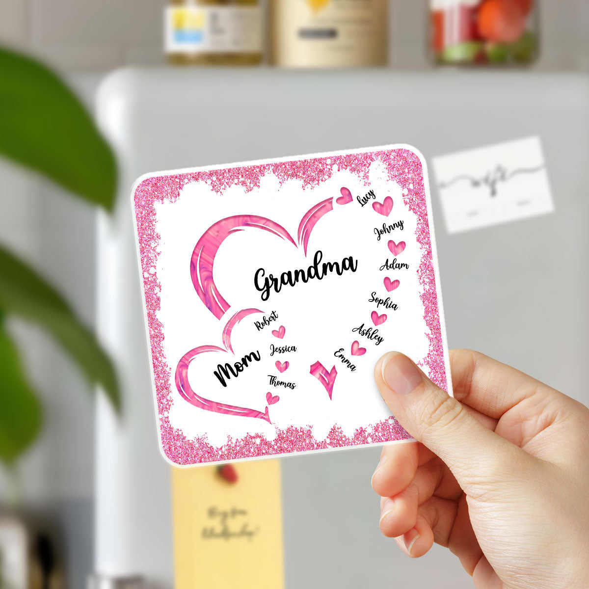Mom Grandma Hearts In Heart Glitter Effect Personalized Acrylic Fridge Magnet
