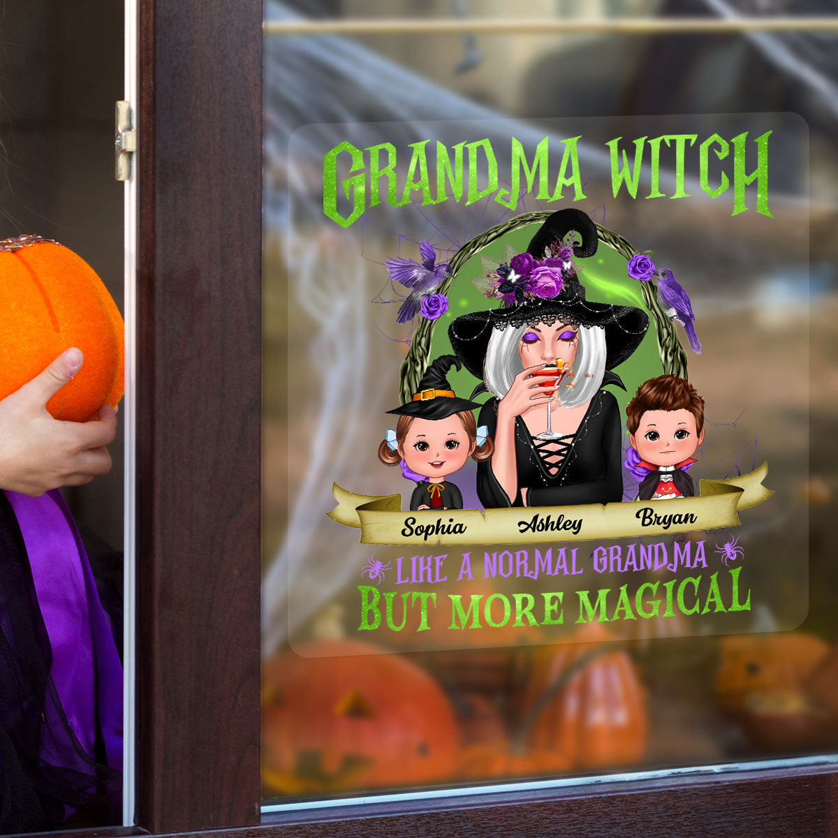 Green And Purple Halloween Grandma And Kids Personalized Decal, Halloween Decor